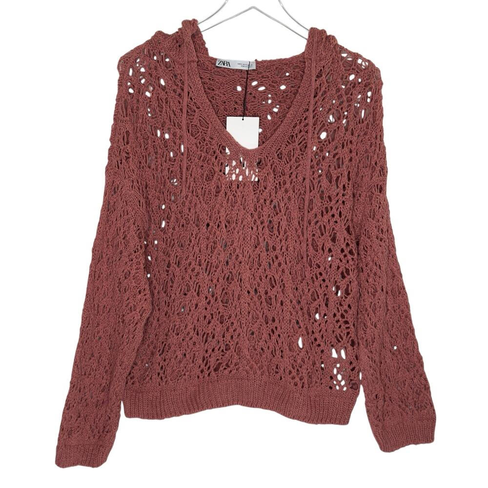 Zara Womens Dusty Rose Crochet Open Knit Hoodie Sweatshirt M NEW Unlined - Picture 2 of 11